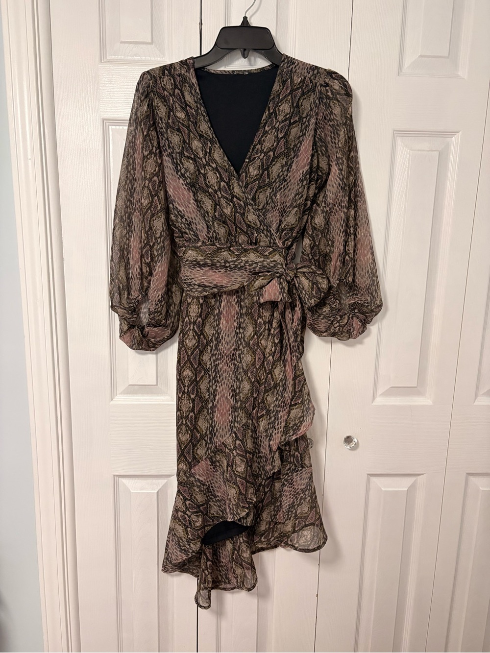 Snake-Print Wrap Midi Dress in Taupe and Pink